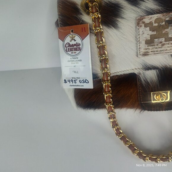 Genuine Charlie Leather "Giuliana" Black/White/Brown Fur Leather Handbag-NWT - Picture 10 of 12